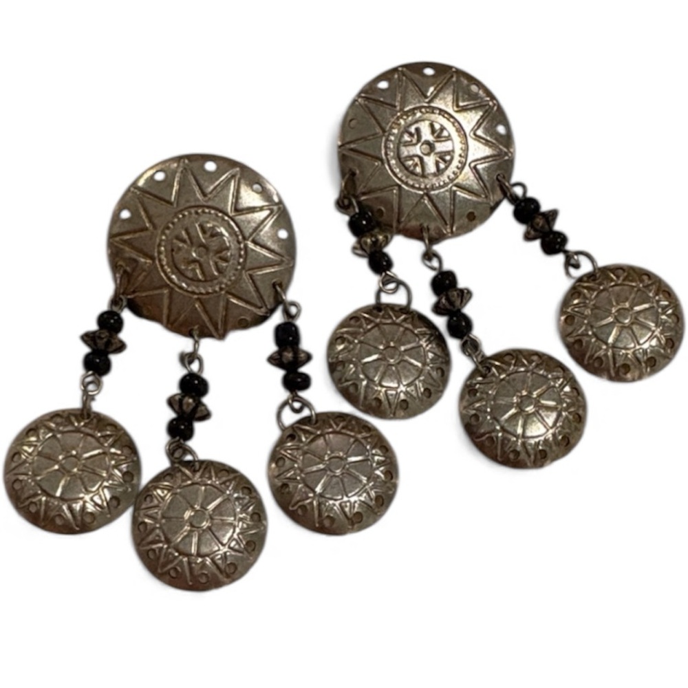 Boho Silver Sun Concho Dangle Earrings Black Bead Vintage